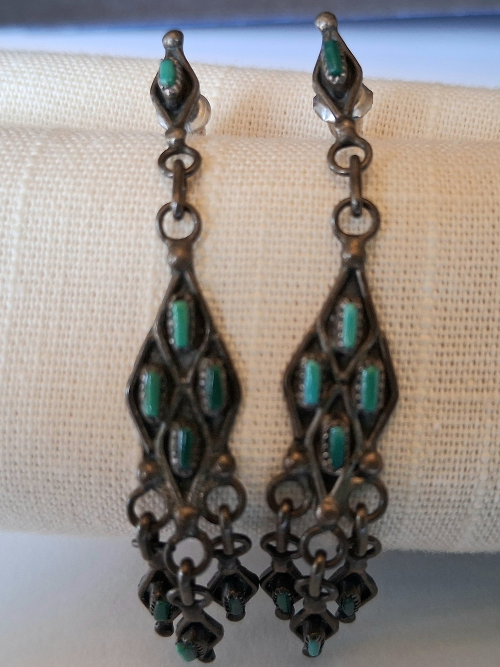 Vintage Southwestern Needlepoint Turquoise Sterling Silver Chandelier Earrings